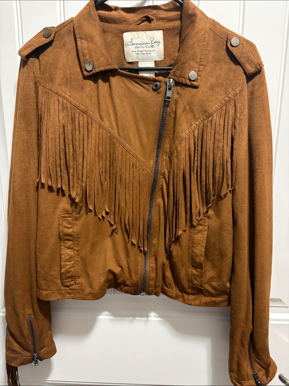 American Rag Cie L Brown Faux Suede Fringe Moto Jacket Western Boho